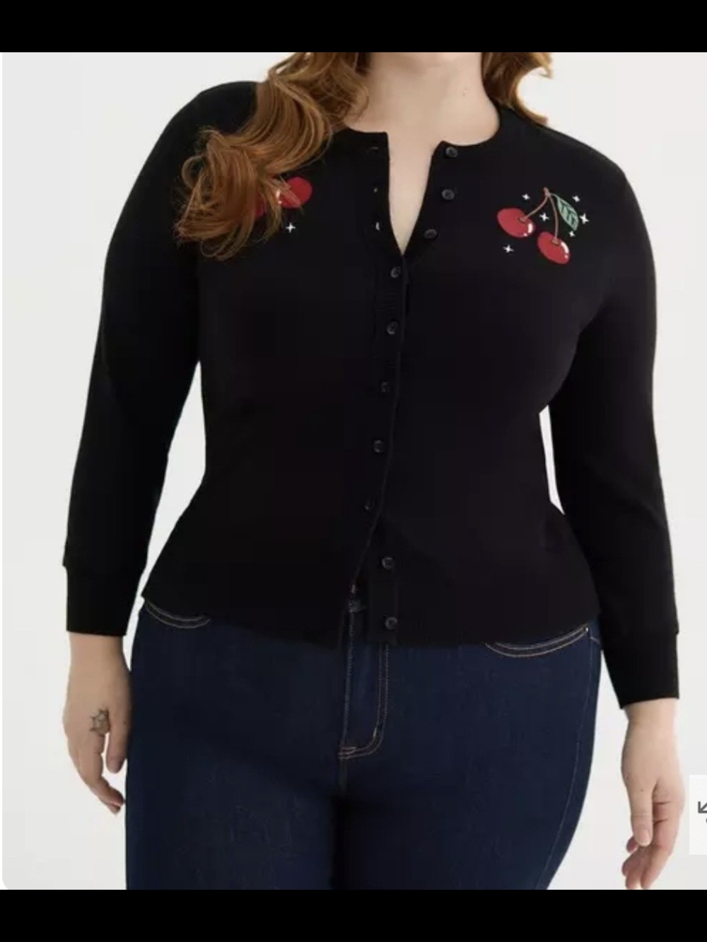Torrid Retro Chic Black Button-Front Cardigan with Red Cherry Embroidery